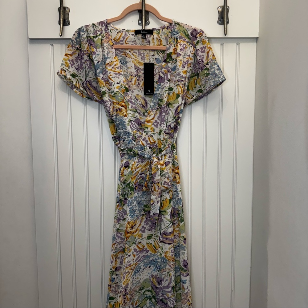 Lulu's Feels Magical Ivory Floral Print Short Sleeve Wrap Maxi Dress Sold Out S - Picture 6 of 14